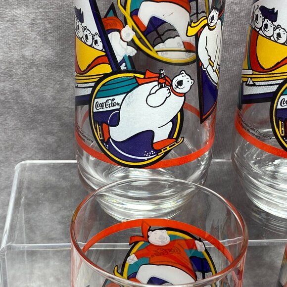 1995 Coca-Cola Polar Bear Glasses Set Of 4 Vintage Winter Sports 14 Oz - Picture 3 of 9